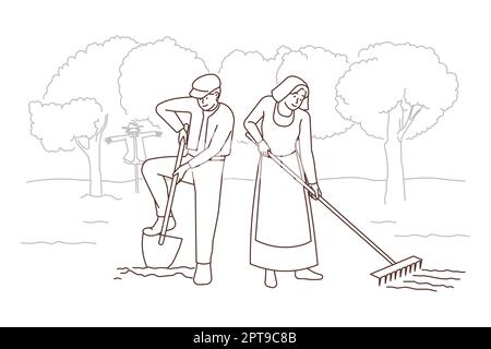 Old-fashioned people working in field . Vector Old-fashioned people in traditional clothes working in garden together. Old couple in ancient way do ag Stock Photo