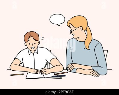 Smiling mother doing homework with happy child at desk at home. Babysitter or teacher study together with teen boy kid. Education and learning. Vector Stock Photo