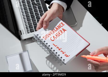 Text showing inspiration Surveillance Camera, Word for Closed Circuit Television transmit signal on monitors Stock Photo
