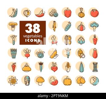 Vegetables isolated vector icons set. Graph symbol for food and drinks web site, apps design, mobile apps and print media, logo, UI Stock Photo