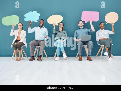 Speech bubble, waiting room and people in business recruitment, social media chat icon, and networking cardboard sign. Corporate group of people with Stock Photo