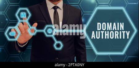 Conceptual caption Domain Authority, Business approach global ecology and environment protection business Businessman Pointing On Floppy Disk Diplayin Stock Photo