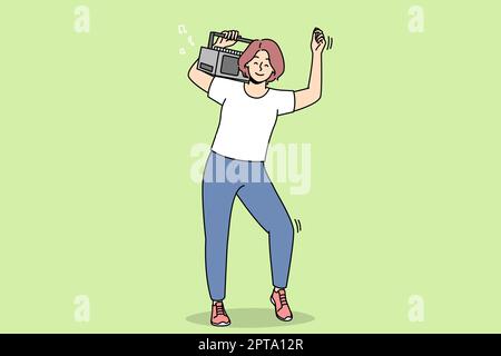 Overjoyed young woman with stereo on shoulder dancing and having fun. Smiling girl enjoy music on boombox device. Vector illustration. Stock Photo