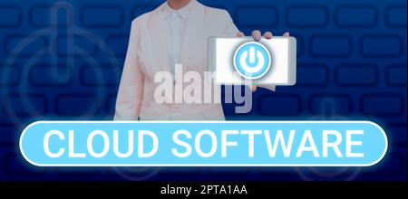 Hand writing sign Cloud Software, Word Written on The level of prices relating to a range of everyday items Woman Showing Tablet With Power Button Pre Stock Photo