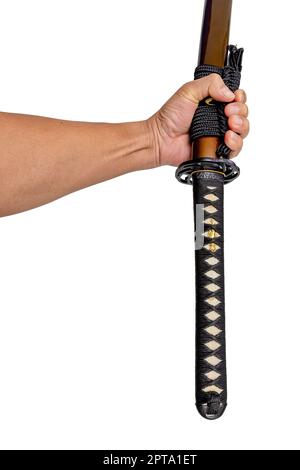 Upside down Sword - knife made to show that the sword is tight. Does not fall off the scabbard easily. isolated on a white background. Stock Photo