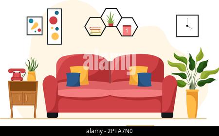 Home Decor Template Hand Drawn Cartoon Illustration The set of Furniture and Living Room Interior in Flat Style Design Stock Vector