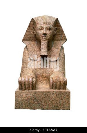 Colossal sphinx of female pharaoh Hatshepsut with the body of a lion and a human head from ancient Epypt, front view isolated on white background Stock Photo