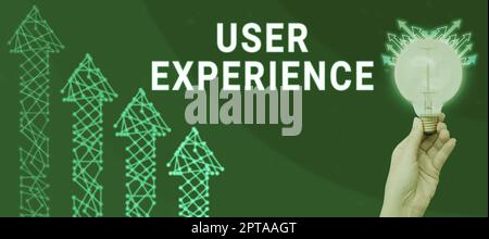 Text sign showing User Experience, Business concept how a person reacts and feels after using a specific product Woman Showing Tablet With Power Butto Stock Photo