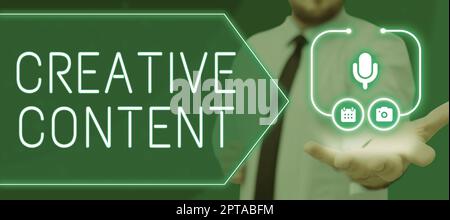 Conceptual display Creative Content, Word Written on fiction or poetry which displays imagination or invention Businessman With Hand Showing A Mic Sym Stock Photo