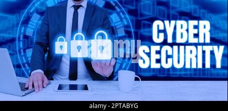Conceptual display Cyber Security, Concept meaning Contingency Planning Forecasting a disaster or incident Man With Laptop And Pad Pressing On Securit Stock Photo
