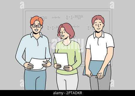 Smiling students with documents standing near board presenting in classroom. Happy pupils with paperwork make presentation in school. Vector illustrat Stock Photo