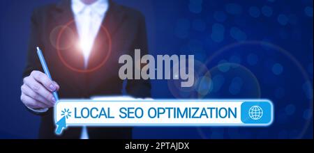 Sign displaying Local Seo Optimization, Word Written on increase Search Visibility to Rank on Top list Stock Photo
