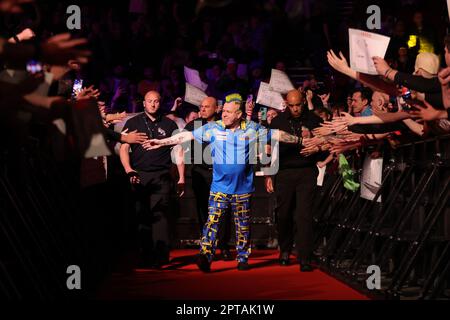 First Direct Arena Leeds, West Yorkshire, UK. 27th Apr, 2023. Peter Wright during his game against Michael van Gerwen during the 2023 Cazoo Premier League Darts Night 13, at the First Direct Arena in Leeds. Credit: Touchlinepics/Alamy Live News Stock Photo