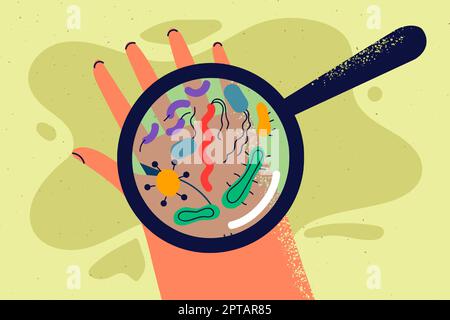 Magnifying glass showing bacteria on hand Stock Vector