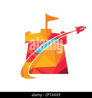 Vector castle and rocket logo combination. Tower and airplane symbol or icon. Unique fortress and flight logotype design template. Stock Vector