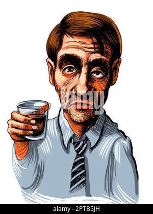 Alcoholic man drinking a glass of whiskey. Hand drawn ink on paper and digitally colored on tablet Stock Photo