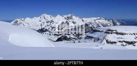 Alpstein Range seen from the top of Mount Chaeserrugg. Stock Photo