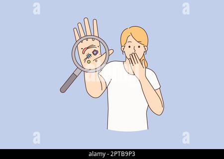 Stressed young woman show bacteria under magnifying glass on hand. Unhappy girl with microorganisms on palm look through magnifier. Vector illustratio Stock Photo