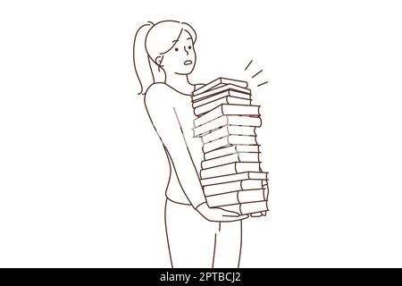 Young woman carrying stack of books from library. Female with textbooks pile. Education and knowledge. Vector illustration. Stock Photo