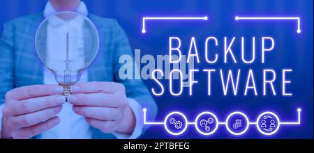 Writing displaying text Backup Software, Business concept boundary across which two independent systems meet and act Woman With A Light Bulb Image In Stock Photo