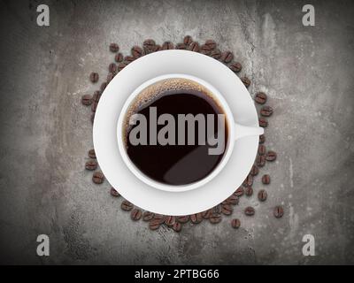 Top view of a Coffee cup and beans on a cement floor background Stock Photo