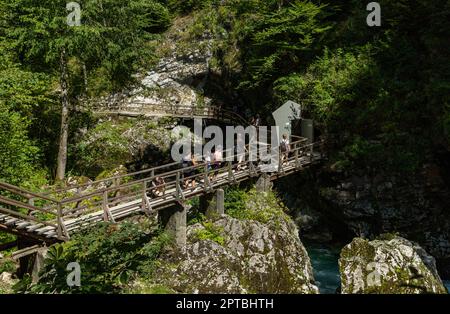 A picture of people passing through a wooden bridge near the main entrance of the Vintgar Gorge. Stock Photo