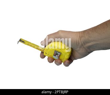a male hand with a flexible measuring tape   on a transparent background Stock Photo