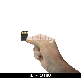 a male hand with a SD memory card on a transparent background Stock Photo