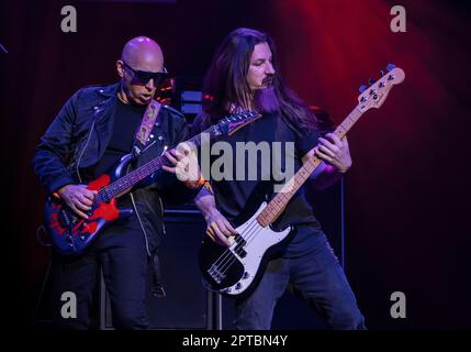 April 26, 2023, Naples, Naples, Italy: Joe Satriani at the Augusteo Theater in Naples (Italy) 2 hours of live concert with his band, Kenny AronoffÂ (drums),Â Bryan BellerÂ (bass), andÂ Rai ThistlethwayteÂ (keyboards)..Joe Satriani is one of the most prestigious figures in the history of rock music, a true pioneer, as well as an example of style for all those who have been inspired by him, Satriani is one of the most acclaimed musicians in the world, American guitarist, composer, songwriter , multiple Grammy Award nominee, originated in the golden age of guitarists, the 80s..Born in Long Island Stock Photo