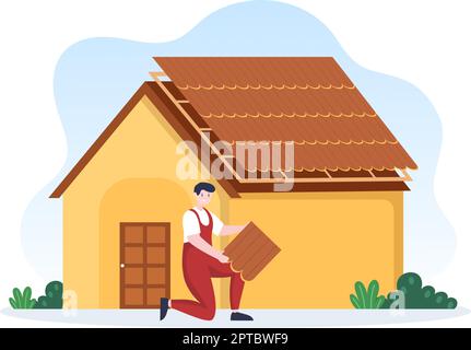 Roofing Construction Workers Template Hand Drawn Cartoon Flat Illustration with Housetop Renovation, Fixing Rooftop Tile House and Roof Reconstruction Stock Vector