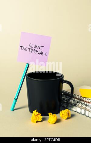 Handwriting text Client Testimonials, Business idea Various Engineered Databases Softwares Applications Multiple Assorted Collection Office Stationery Stock Photo
