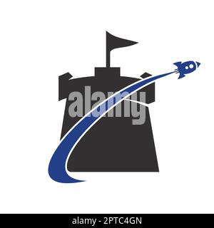Vector castle and rocket logo combination. Tower and airplane symbol or icon. Unique fortress and flight logotype design template. Stock Vector
