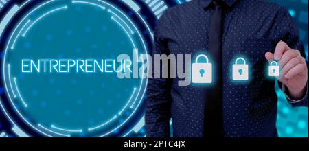 Handwriting text Entrepreneur, Business overview enterprise resource planning centralized database for business processes Businessman With Pen Display Stock Photo