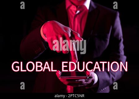 Conceptual caption Global Education, Word Written on debt security issued by a government to support spending Man Holding Tablet And Pointing With One Stock Photo