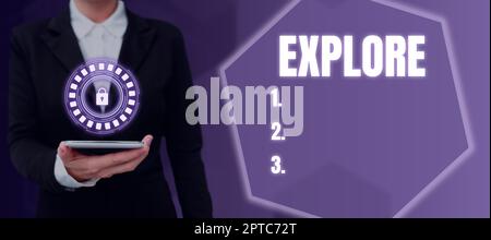 Sign displaying Explore, Business approach list of frequently asked questions and answers on a particular topic Lady in suit holding pen symbolizing s Stock Photo