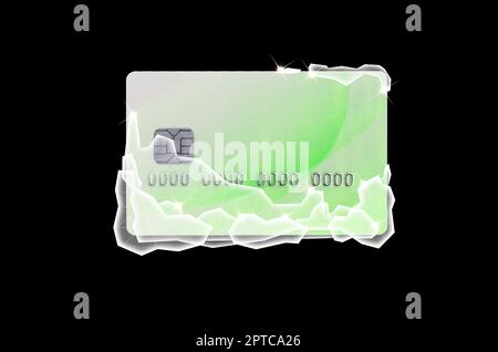 Frozen green credit card in a blocks of ice isolated on black background. The concept of instant freezing of a credit card or bank account for securit Stock Photo