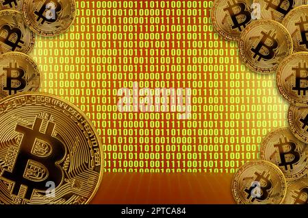 Decentralized cryptocurrency concepts, bitcoin on binary code screen. Transfer or exchange digital money through blockchain technologies Stock Photo