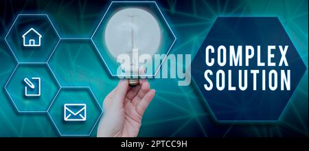 Conceptual display Complex Solution, Business idea computer time or service including data processing services Woman Holding Light Bulb With Digital H Stock Photo