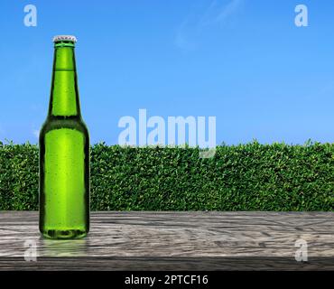 Beer bottle with water drops on wooden table terrace with green grass wall texture and bright blue sky Stock Photo