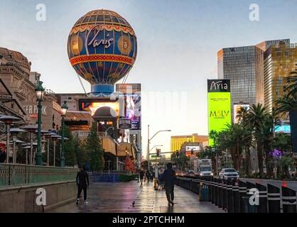 Famous Paris hot air balloon on the Strip, Las Vegas Blvd., at the Paris Las Vegas Hotel and Casino in the early morning in Las Vegas, Nevada USA. Stock Photo