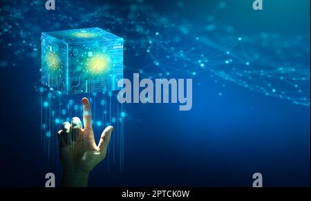 Businessman hand holding Cube technology with Abstract blue background. Blockchain Network System. Big data storage processing, Cloud data, Internet S Stock Photo