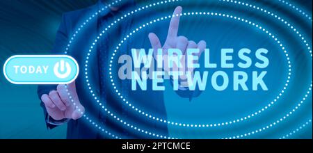 Sign displaying Wireless Network, Word for nonobjective motif that cannot be described any other way. Businessman in suit holding notepad symbolizing Stock Photo
