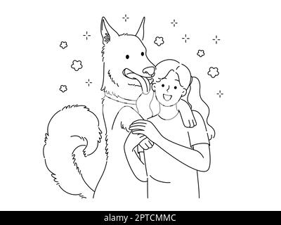 Happy little girl hugging with dog show affection and love. Smiling kid embracing cuddling with pet. Ownership and friendship. Vector illustration. Stock Photo