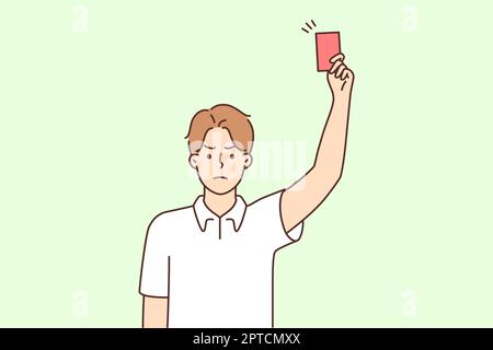 Angry young male referee showing red card at football field. Mad man judge make warning during game. Vector illustration. Stock Photo