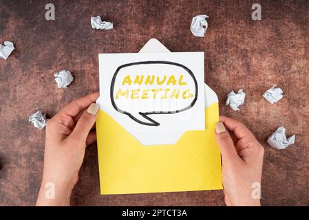 Conceptual caption Annual Meeting, Business overview Graphic artist Software Programmer and Analyst Experts Hands Of Woman Holding Thought Bubble Shee Stock Photo