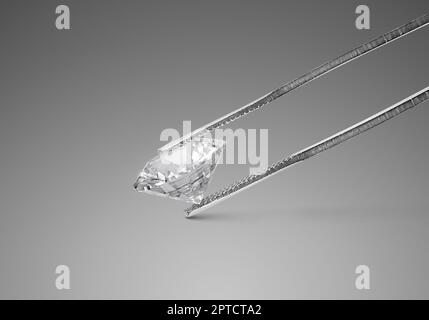 Shiny brilliant diamond placed on gray background in diamond tweezers. 3d render Stock Photo