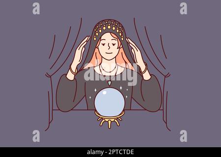 Female fortune teller look at magic ball predict future. Woman gypsy in robe do magical ritual in room. Vector illustration. Stock Photo