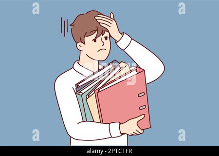 Stressed businessman holding folders feel overworked in office. Unhappy tired male employee overwhelmed with business tasks. Vector illustration. Stock Photo