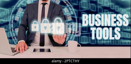Conceptual caption Business Tools, Business approach Protect the stored information safe Controlled technology Man With Laptop And Pad Pressing On Sec Stock Photo