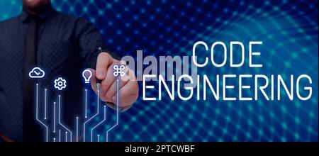 Text sign showing Code Engineering, Business showcase significant ideas that are completely or partly repressed Businessman Holding Pen, Pointing On G Stock Photo